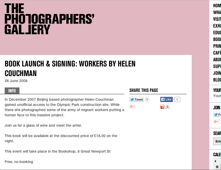 WORKERS by Helen Couchman book launch at The Photographers Gallery 2008